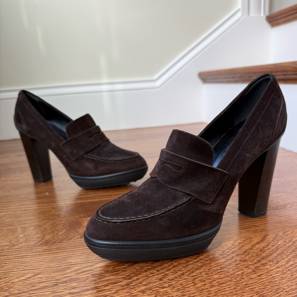 TOD’S Penny Loafers Slip On Shoes Heels Suede Leather Italy Preppy Academia 39.5
